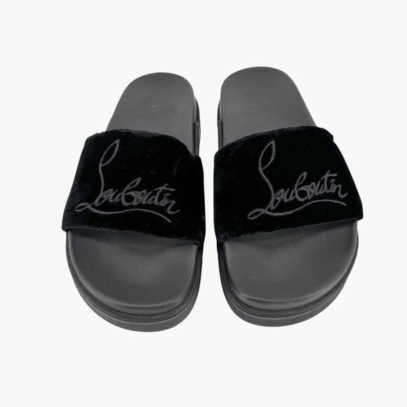 Christian Louboutin 'Navy Pool' Slide Sandals Size 37 US 7 Black Velvet Logo 25 - Picture 2 of 12